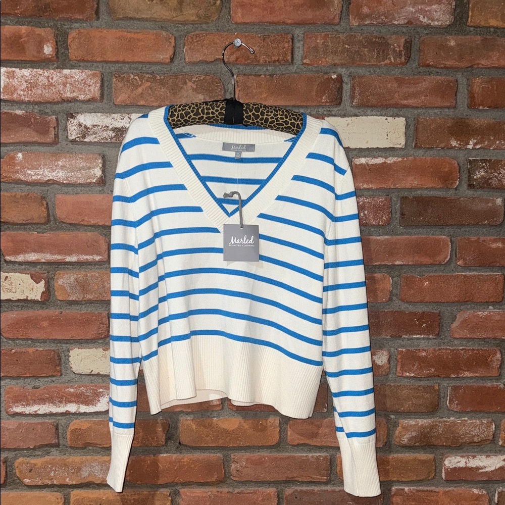Marled Reunited Clothing One of a Kind Striped V-Neck Sweater, White, Blue Small